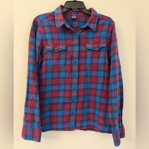 Patagonia Shirt Women 10 Red Blue Long Sleeve Button Up Plaid Cotton Flannel